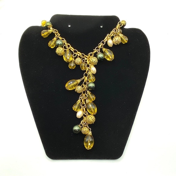 Gold Tone Green & Gold Filagree Beads Drop Statement Necklace - Picture 3 of 8